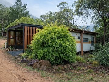 A trailer home surrounded by lush greenery and a dirt path.