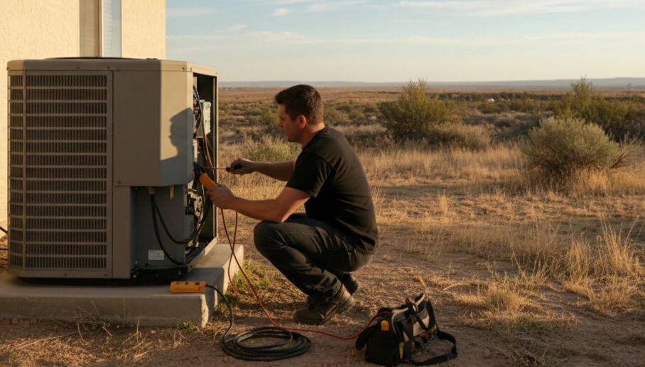 man in black shirt working on an air conditioner condenser