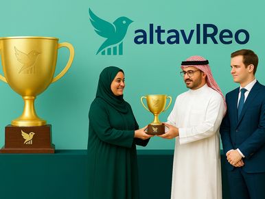 Three professionals exchanging a trophy in front of an altavlReo logo and a large trophy.