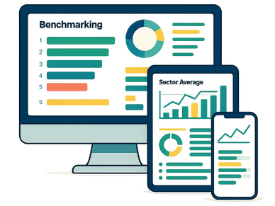 Digital benchmarking and sector average data displayed on computer, tablet, and smartphone screens.