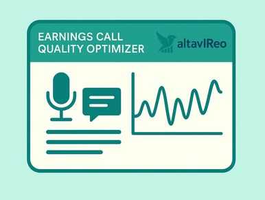 Graphic for Earnings Call Quality Optimizer by altavlReo with microphone, chat, and graph icons.