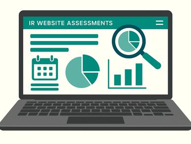 Laptop screen displaying IR website assessments with charts and calendar icons.