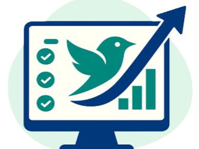 A computer screen with a bird, checklist, and upward graph arrow symbolizing growth.