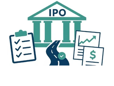 Illustration representing the IPO process with checklist, documents, and growth chart.