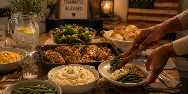 Hearty family dinner with chicken, mashed potatoes, and green beans.