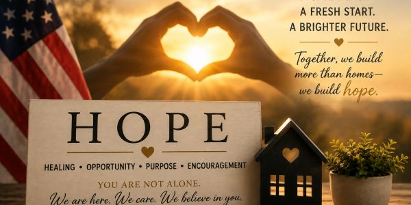 Hands form a heart with HOPE message and American flag.