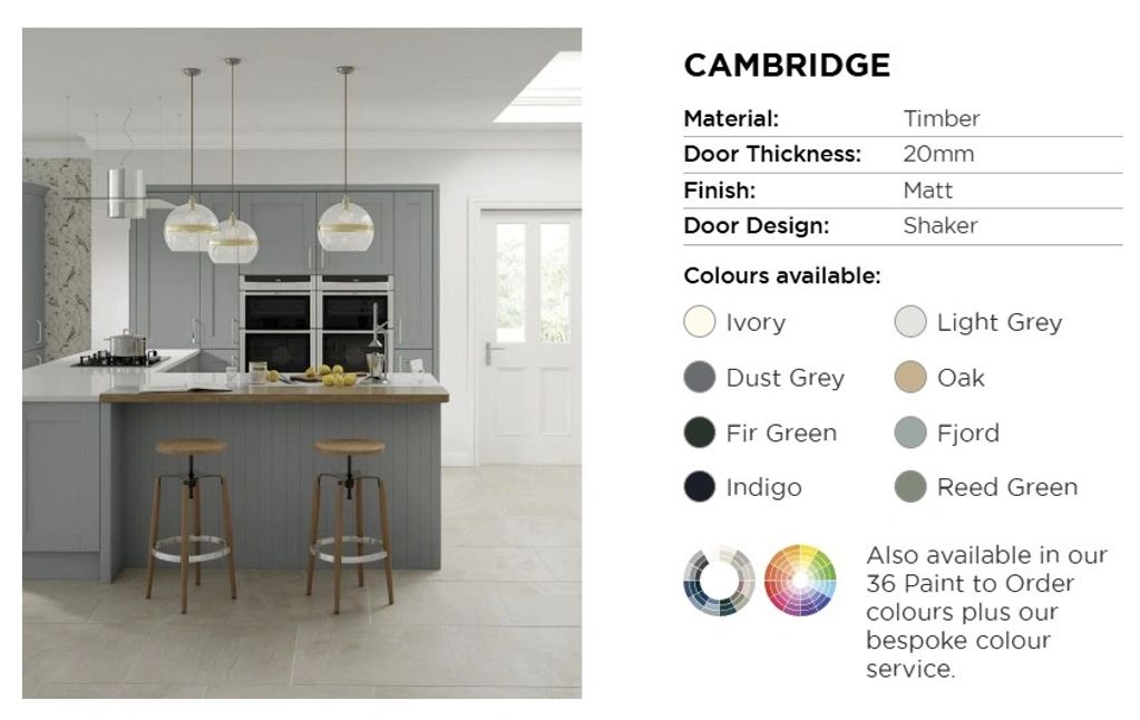 Modern kitchen with Cambridge shaker-style timber doors in light grey.