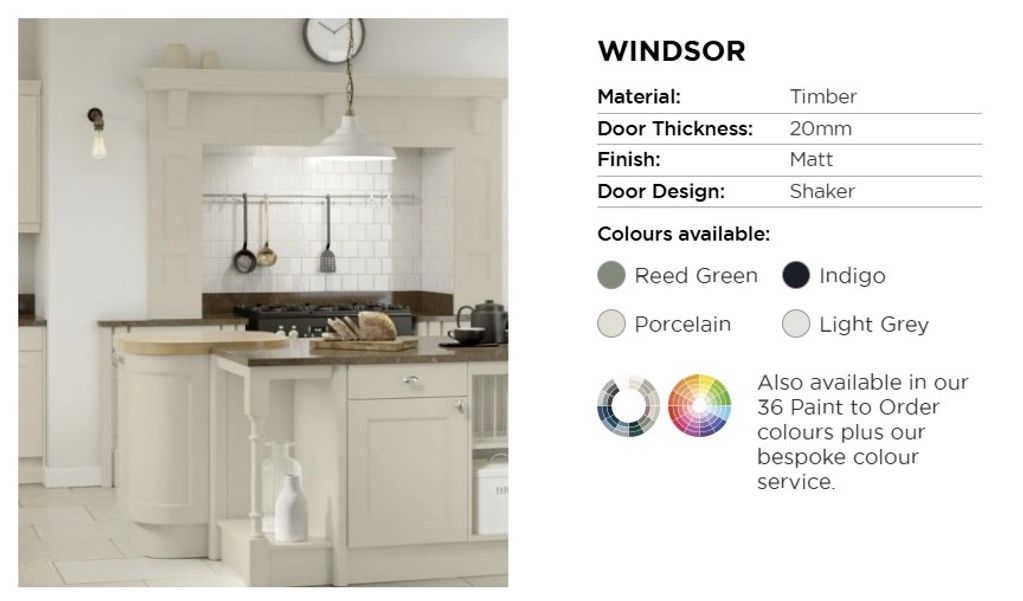 Windsor timber kitchen doors in shaker design with matt finish, available in four colours.