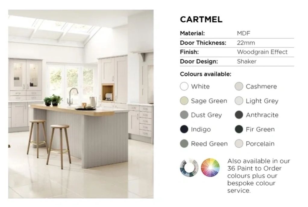 Modern kitchen with Cartmel MDF cabinets featuring woodgrain effect and shaker design.