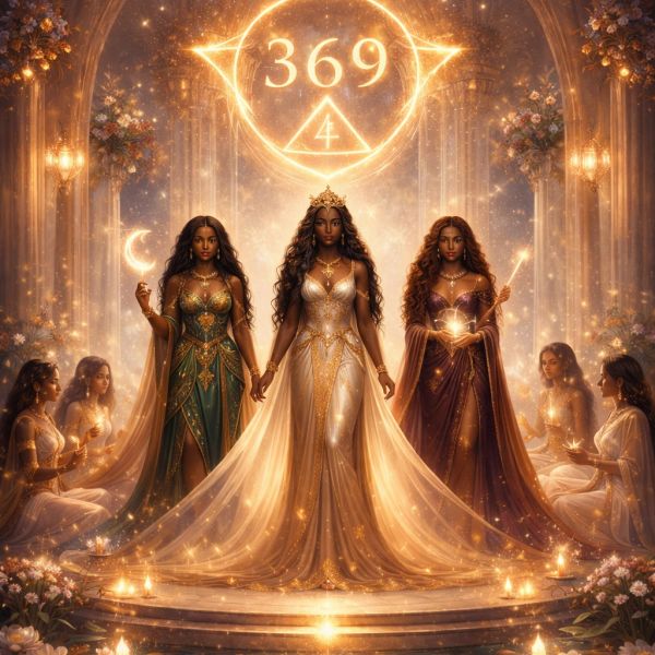 Three regal women in glowing gowns stand in a magical, golden-lit hall with mystical symbols above.