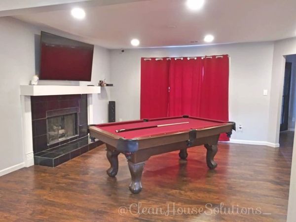 Dining room cleaning. Game room cleaning. Recreational Room Cleaning. Beautiful Red Pool table. 