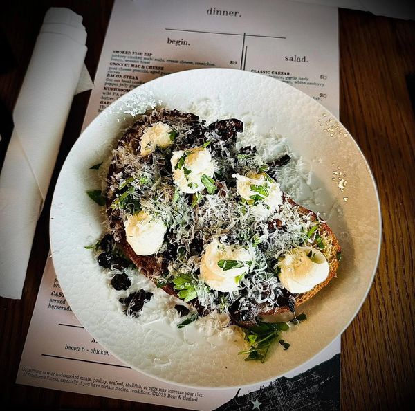 birds-eye point of view of the mushroom toast appetizer from Born & Braised in Erie, PA