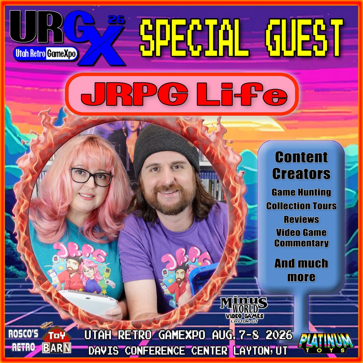 Utah Retro GameXpo 2026 special guest JRPG Life, content creators focused on game hunting and reviews.