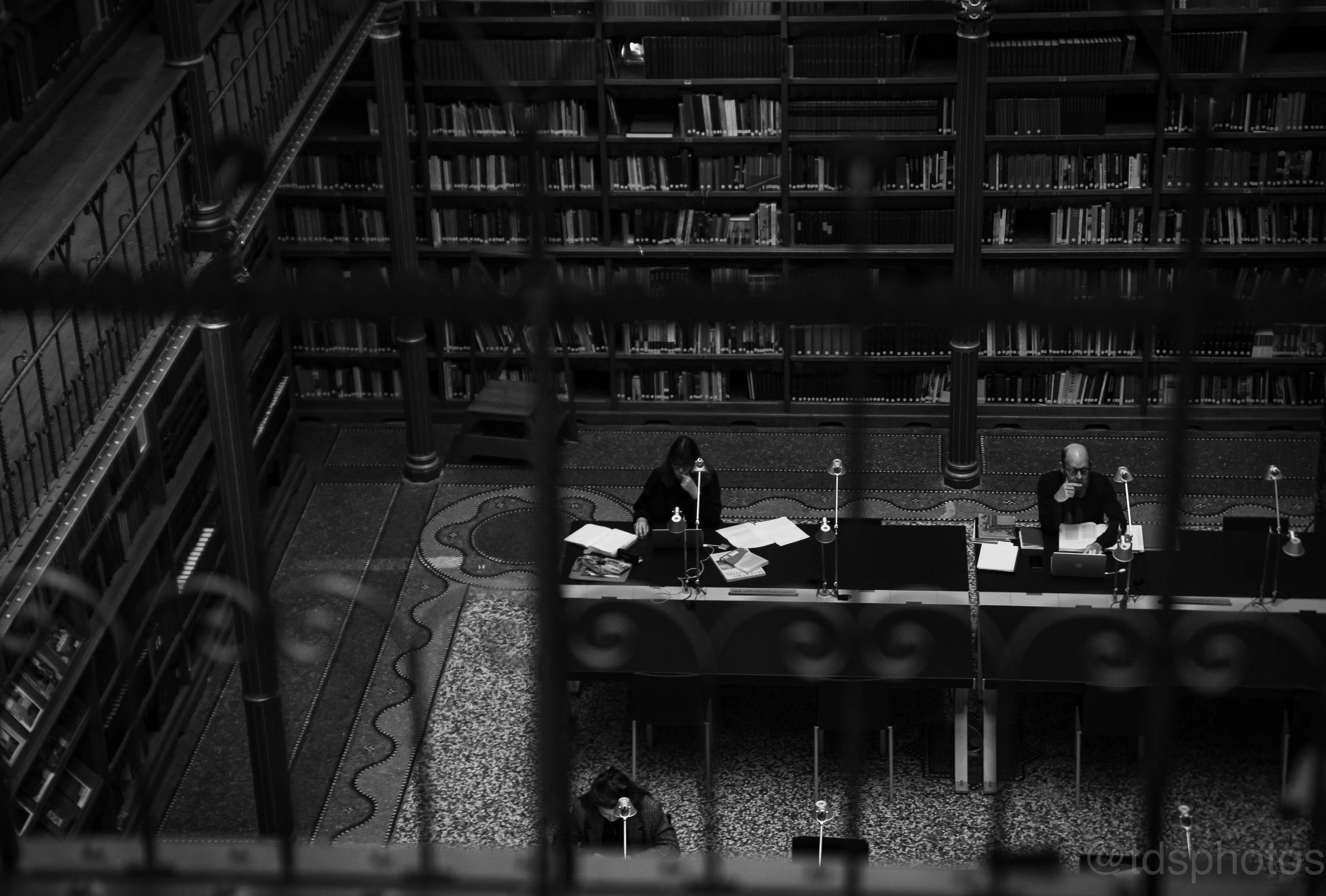 Black and white photo of people studying in a classic library.