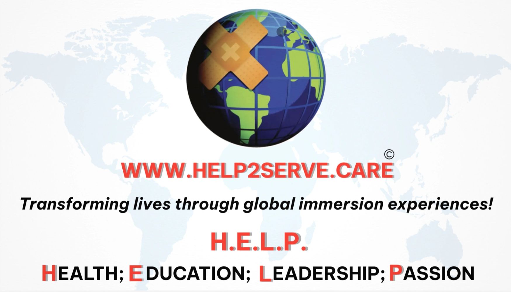 Logo and slogan for Help2Serve global immersion experiences focusing on H.E.L.P. = health, education, leadership, and passion.