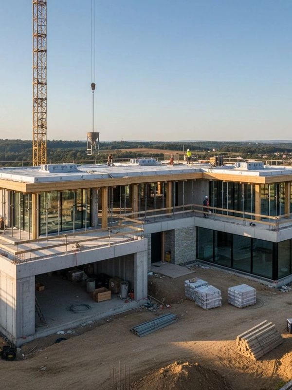 Modern building under construction with workers and crane during daytime.