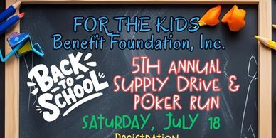 Chalkboard sign for a kids' benefit event with school supplies decorations.