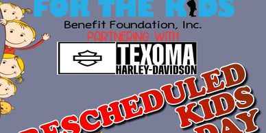 Poster announcing rescheduled Kids Day event with Texoma Harley-Davidson partnership.