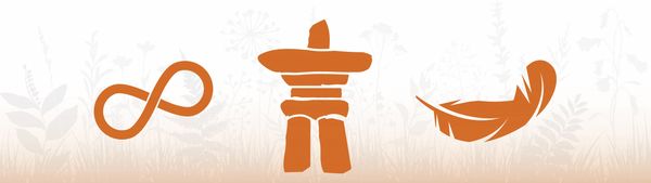 In orange, a Métis infinity symbol, Inukshuk and feather. Click for image credit.