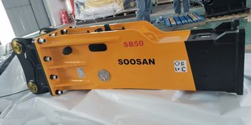 Soosan SB50 hydraulic breaker: compact industrial tool for demolition and construction tasks.