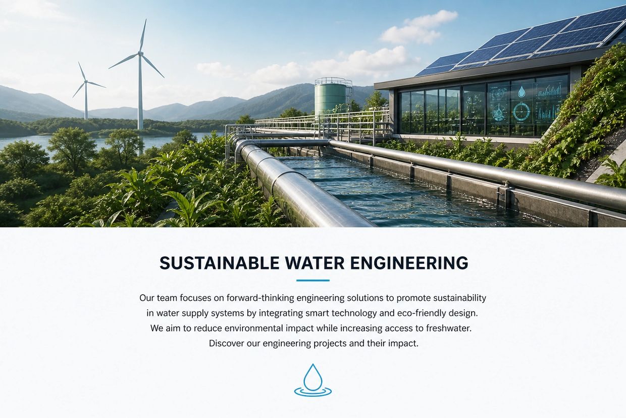 Sustainable water engineering facility with solar panels and wind turbines in a green landscape.