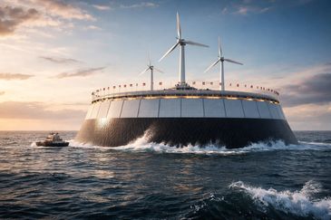 A floating platform with wind turbines in the ocean during sunset.