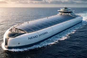 The futuristic Nemo Hydra ship sails on the ocean at sunset.