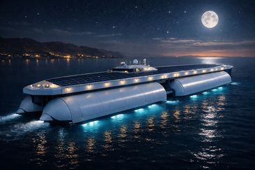 A futuristic solar-powered boat glides on water under a full moon.