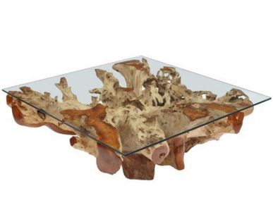 Large Square Teak Root Coffee Table with Glass Top