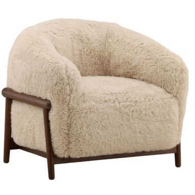 Faux Fur Cream Fabric and Dark Brown Rubber Wood Occasional Chair