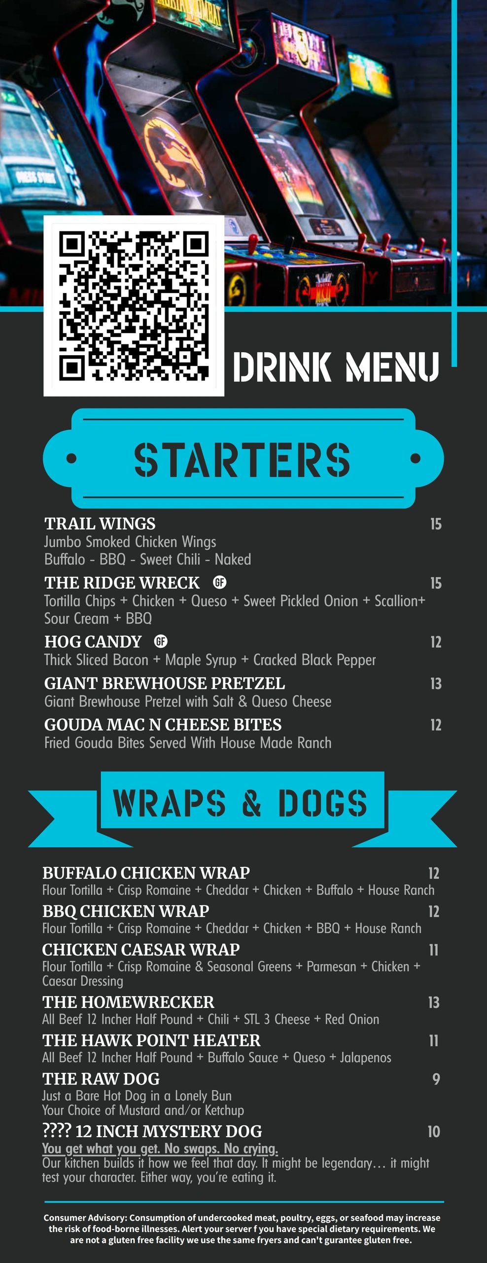 Arcade-themed menu with starters and wraps including chicken wings, pretzels, and mystery dog.