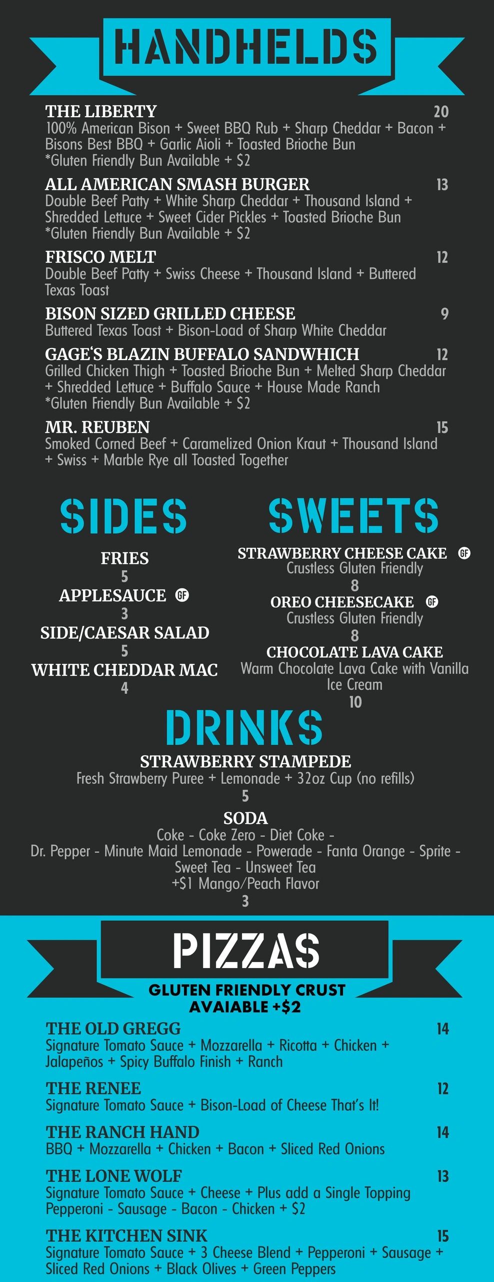 Menu featuring handhelds, sides, sweets, drinks, and pizzas with gluten-friendly options.