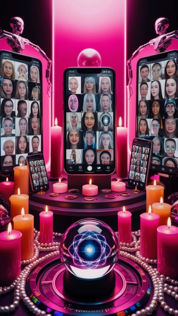 selfie altar with candles and phone screens with many faces