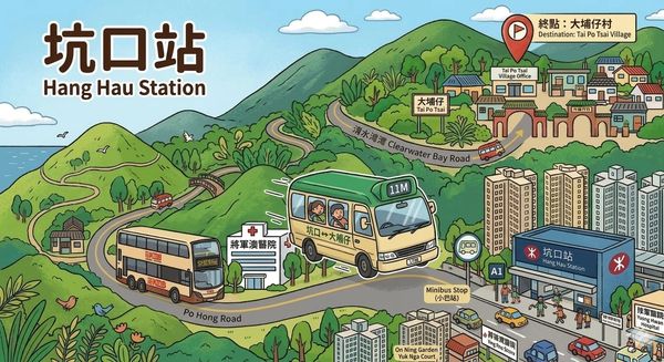 Illustrated map of Hang Hau Station and nearby Tai Po Tsai Village with buses and roads.