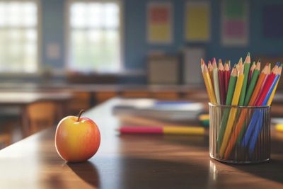 Desk at school with pencils and apple