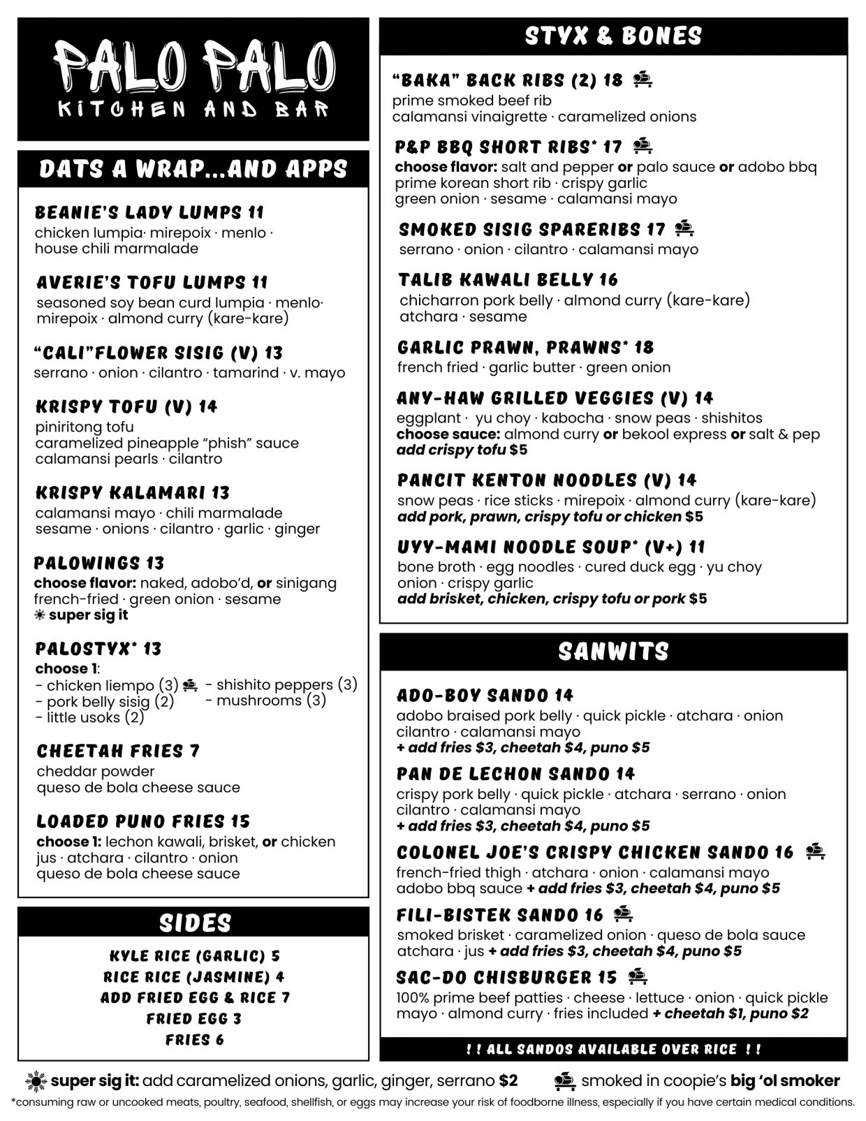 Menu featuring wraps, apps, ribs, grilled veggies, noodles, and sandwiches at Palo Palo Kitchen and Bar.