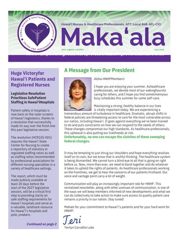 Newsletter cover titled Maka'ala for Hawai'i Nurses and Healthcare Professionals.