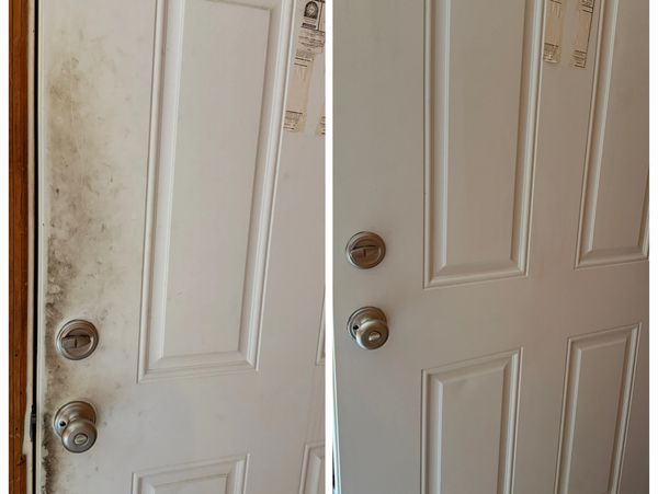 Comparison of a dirty door and the same door cleaned.