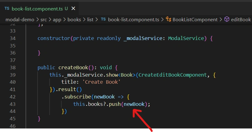 Newly created book passed back to BookListComponent