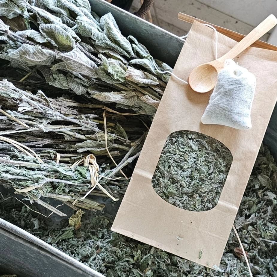 Dried herbs with a wooden spoon and a small sachet on a paper bag.