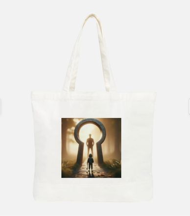 White tote bag with a surreal keyhole and silhouettes design.