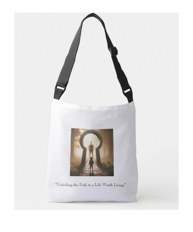 White bag with a keyhole image and inspirational quote.