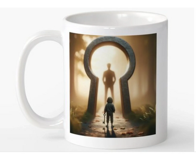 Mug with surreal art of child and adult silhouette through giant keyhole.