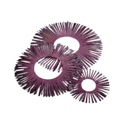 Three circular abrasive flap wheels of different sizes.