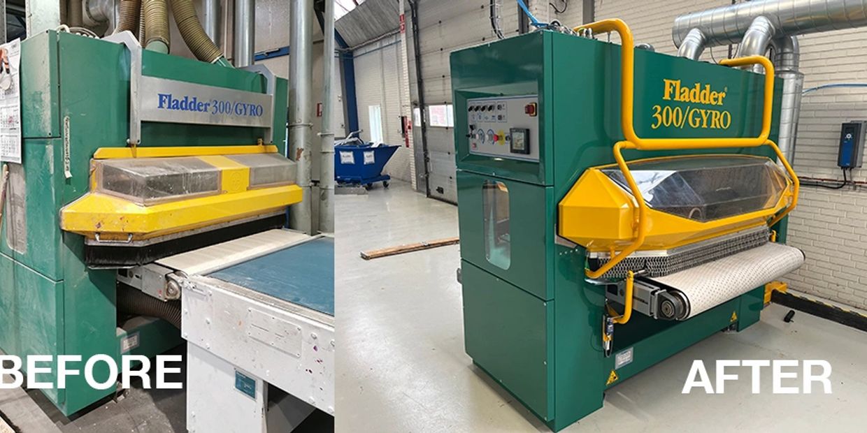 Before and after images of a refurbished Fladder 300/GYRO machine in a factory.