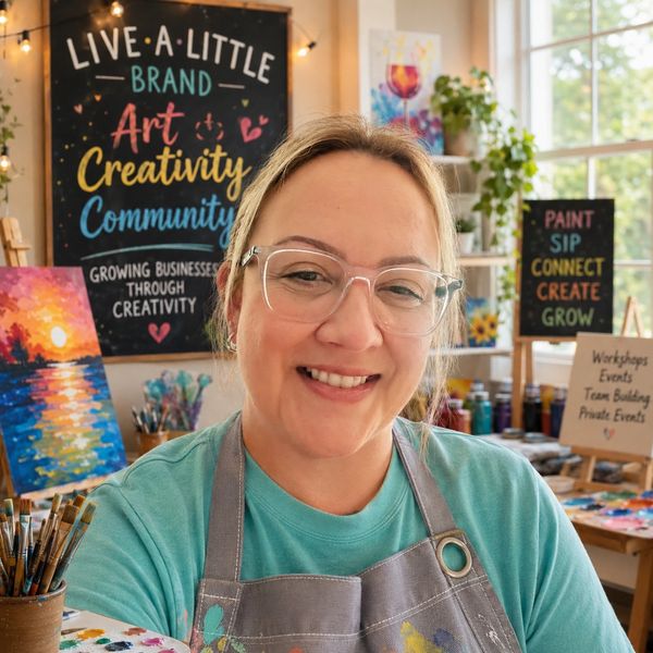 Smiling woman in art studio with colorful paintings and motivational signs.