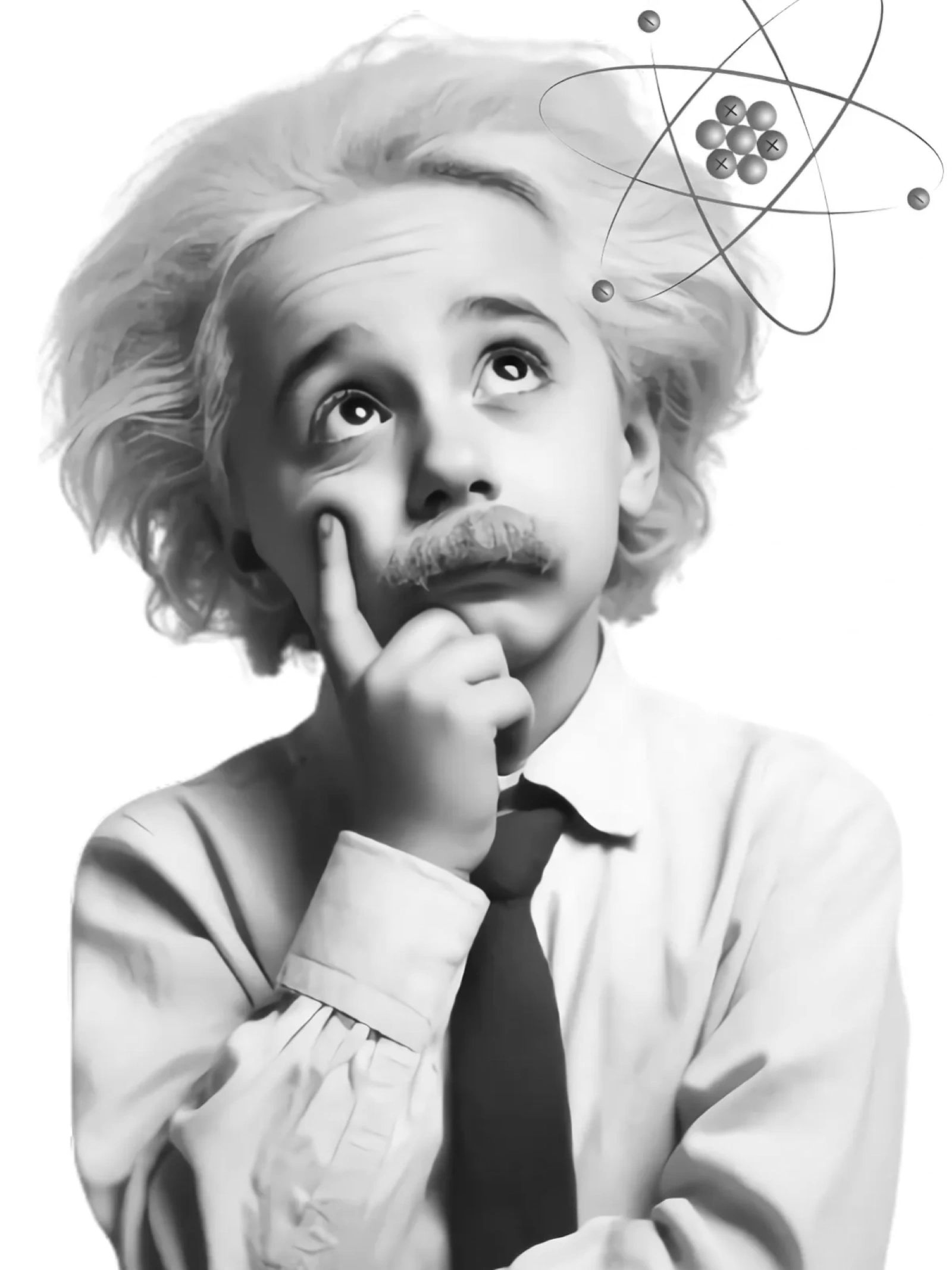 Black and white illustration of a thoughtful Albert Einstein with an atomic model above his head.