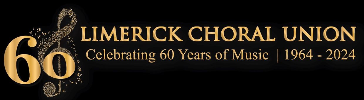 Golden logo celebrating 60 years of Limerick Choral Union's music journey from 1964 to 2024.