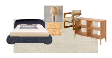Conjunto de muebles y lámpara modernos en tonos naturales.