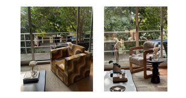 Dos rincones de sala con sillones y decoración moderna.